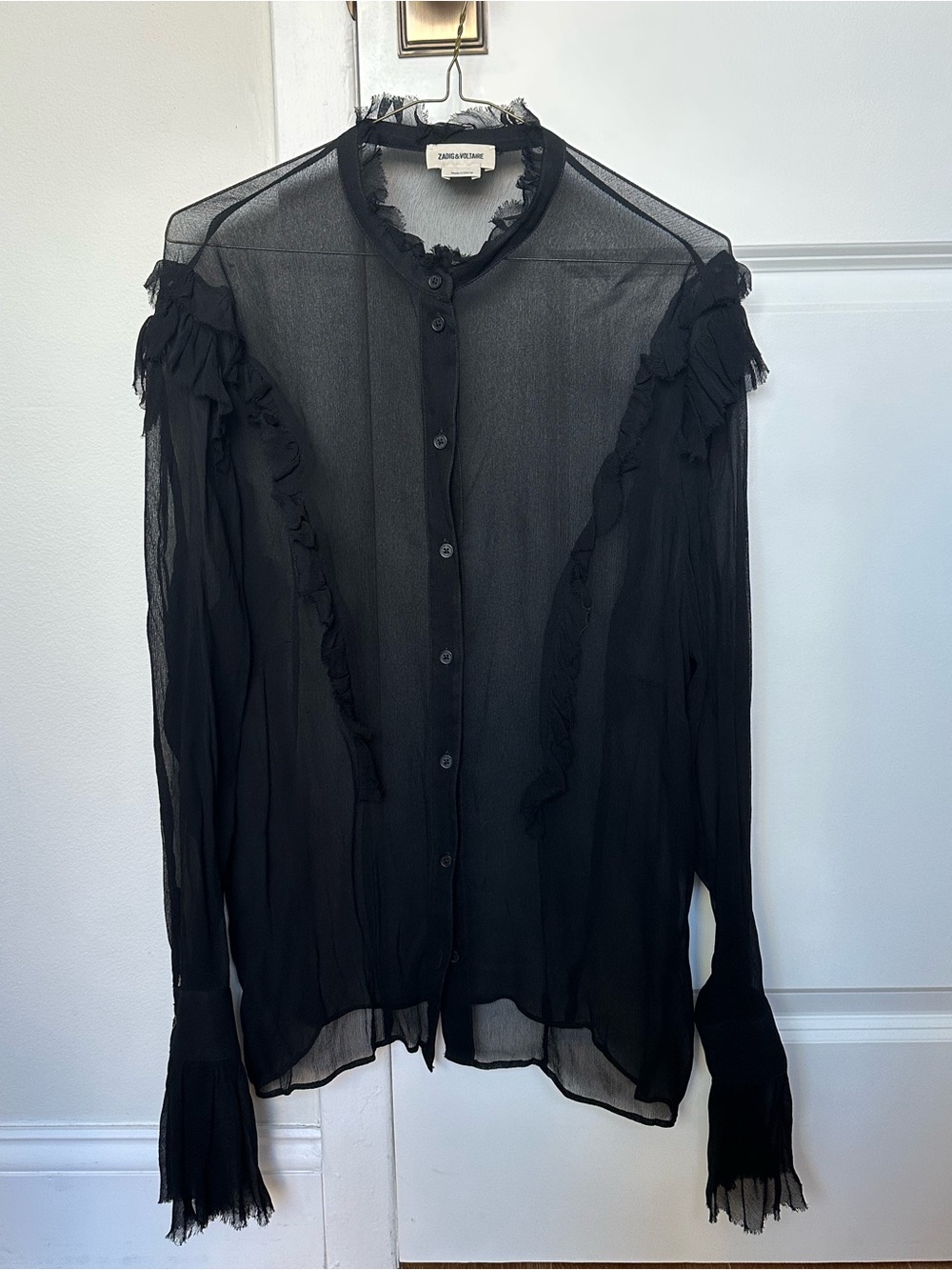 Zadig & Voltaire Black Sheer Ruffle-Trim Button Down Blouse “Tweet SPI” - Size L